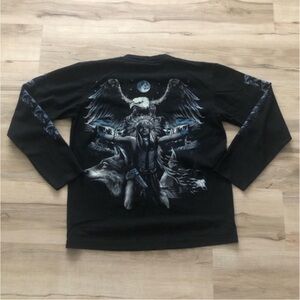 Black Long Sleeve Tee with Native American Wolf Eagle Graphic